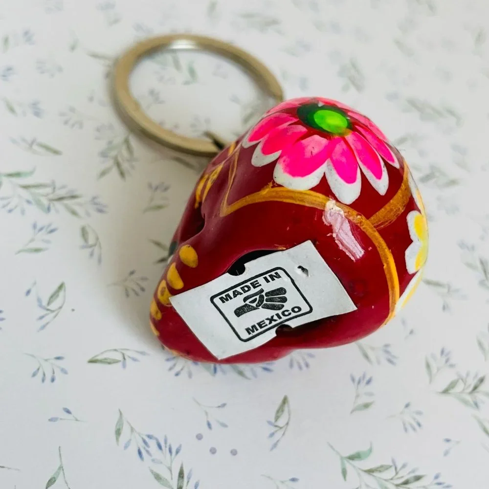 Dia De Los Muertos Colorful Handpainted Skull Keychain/Keyring Mexico NEW
